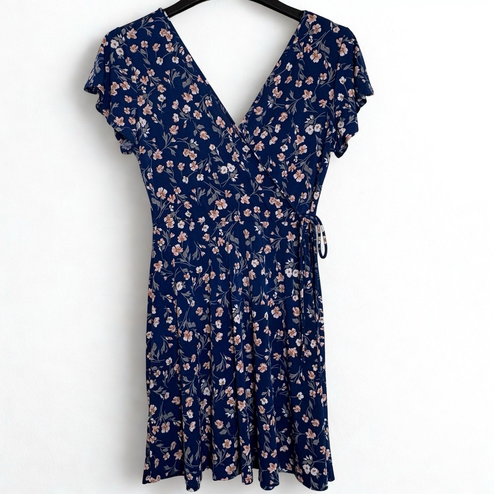 Kaileigh Women's Mini Dress Kaela Faux Wrap Sz S Petite Navy Flutter Sleeve